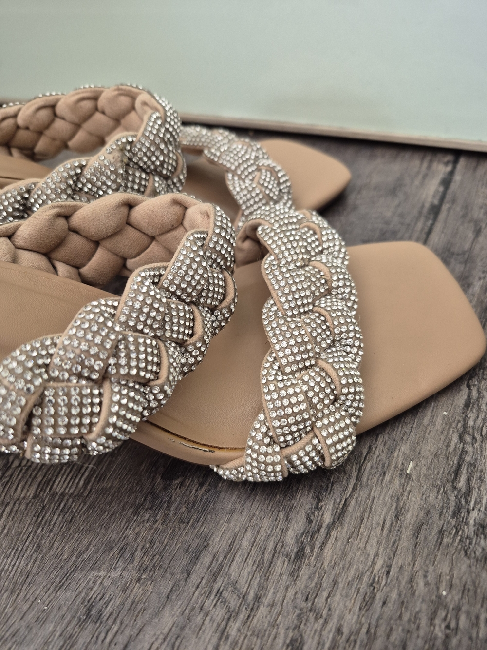 Steve Madden Beige Braided Crystal Strap Slide Heels - Picture 10 of 12